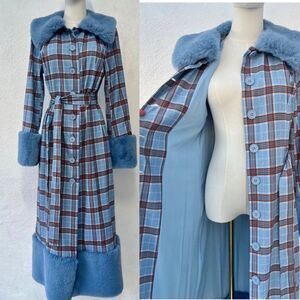 Hot & Delicious Penny Lane Faux Fur Trench Coat Blue Plaid Size M EXCELLENT Cond